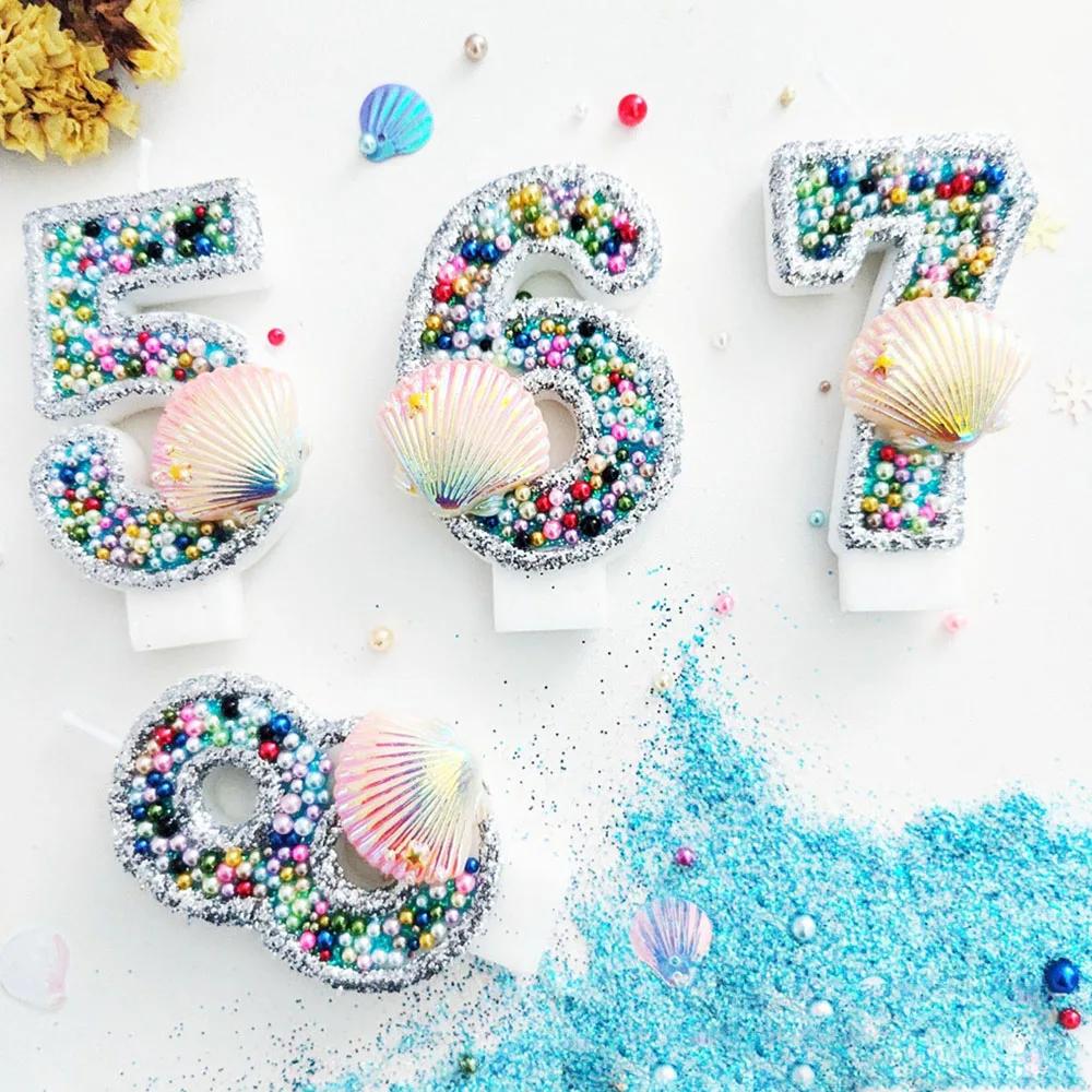 블루 바다 쉘 스팽글 번호 생일 양초 케이크 토퍼, 생일 웨딩 디지털 케이크 디저트 장식, 인어 파티 장식